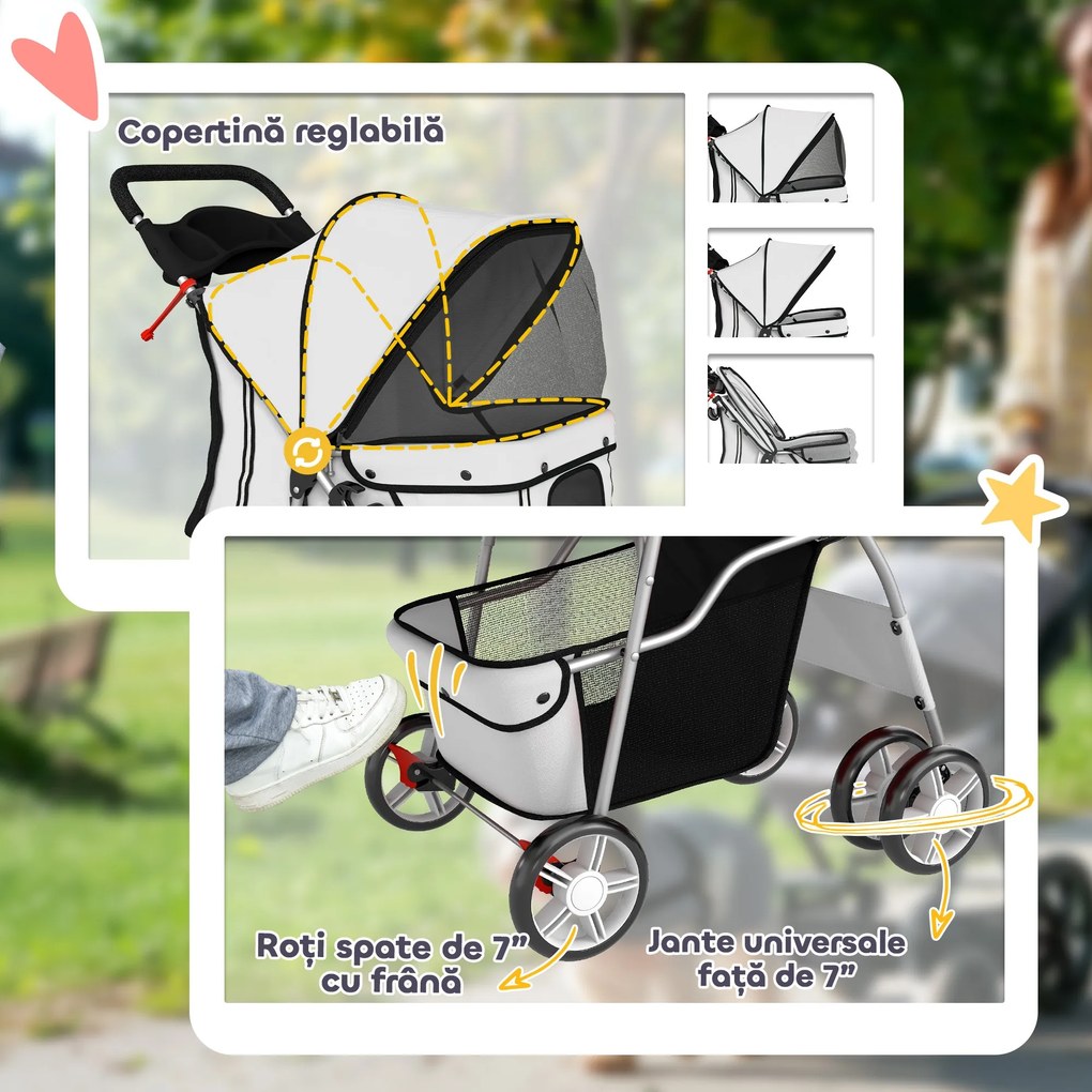 PawHut Cărucior pentru Câini Pliabil cu Husă de Ploaie, Roți Rotative și Pernuță Lavabilă, 77x44x102cm, Gri | Aosom Romania