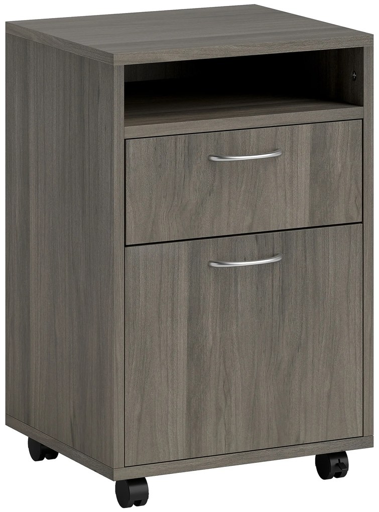 HOMCOM Dulap de Birou cu 4 Roți, Raft Deschis și 2 Sertare, Mobilier de Birou din Lemn și Metal, 40x35x60 cm, Maro | Aosom Romania