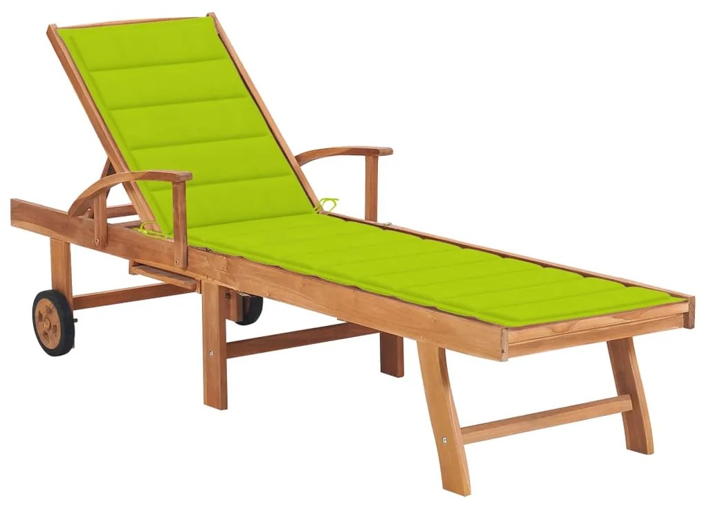vidaXL Șezlong cu pernă verde aprins, lemn masiv de tec