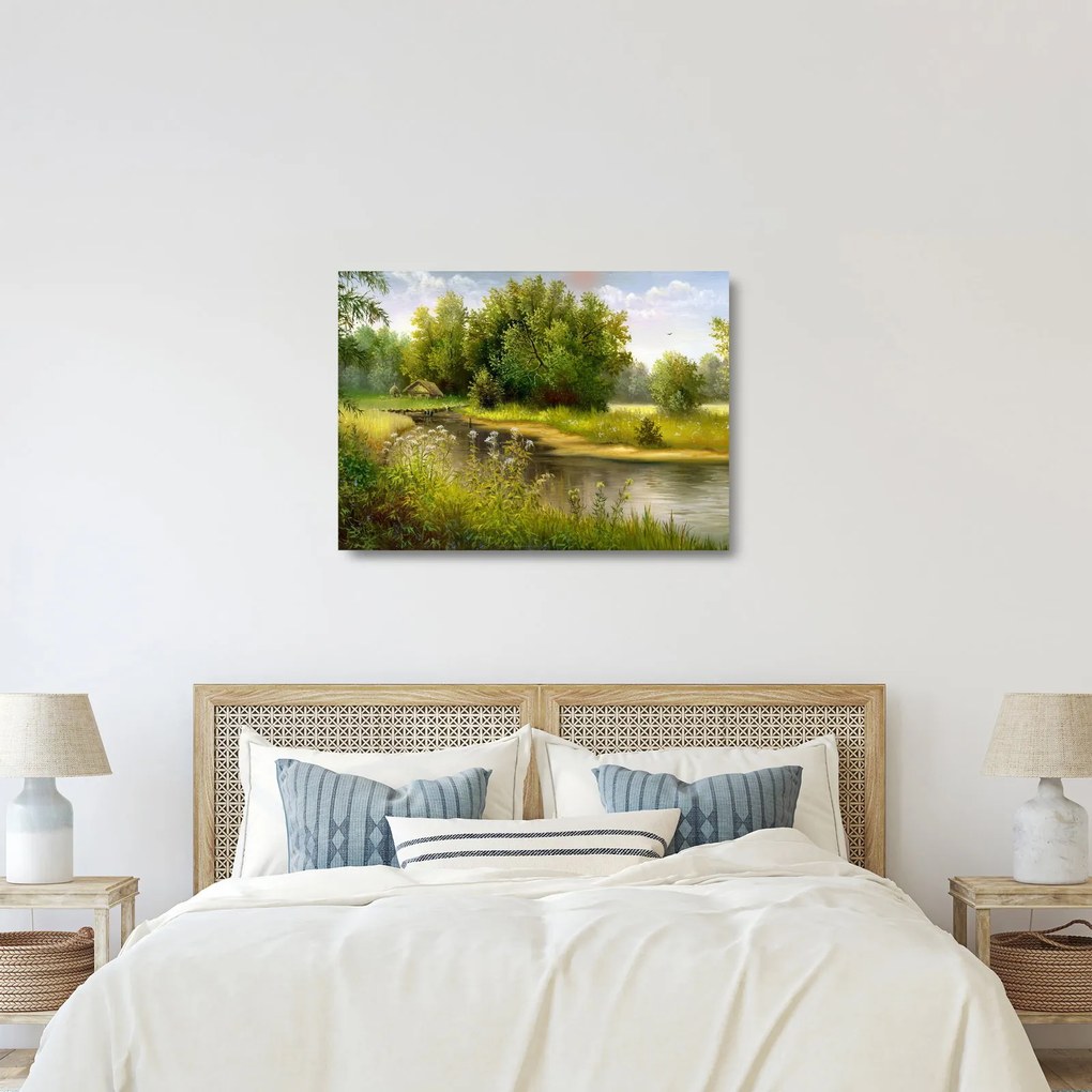Tablou pe sticlă - Râu lângă pădure, pictură în ulei (70x50 cm)