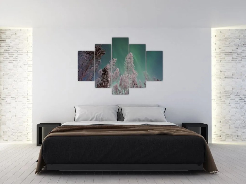 Tablou cu aurora borealis deasupra pomilor înghețați (150x105 cm)