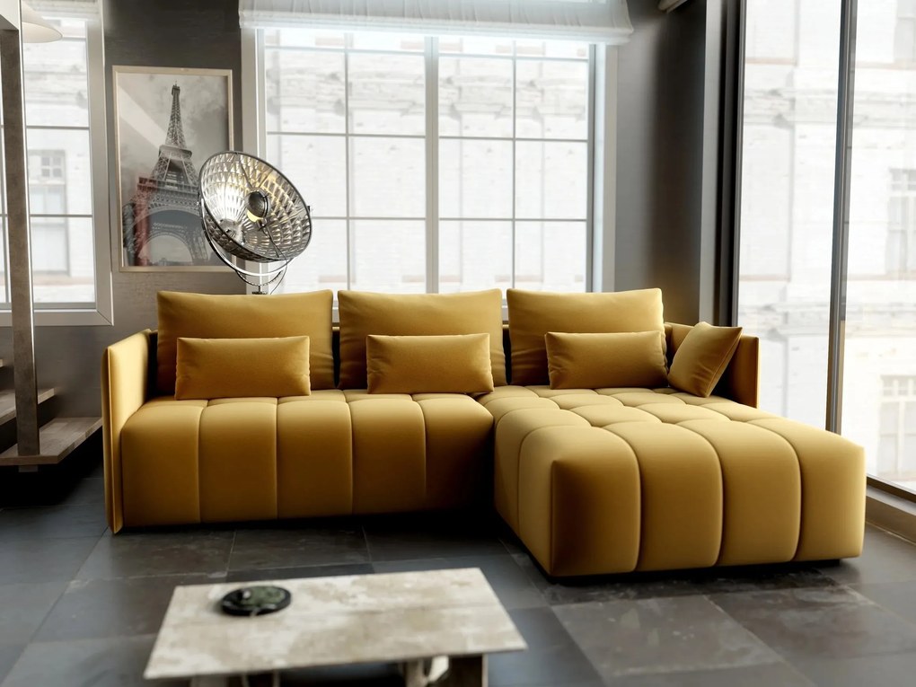 Colțar extensibil dumonde cu ladă de depozitare si sezut confortabil din spuma high-density, Malta Royal Muștar II 235x185 cm