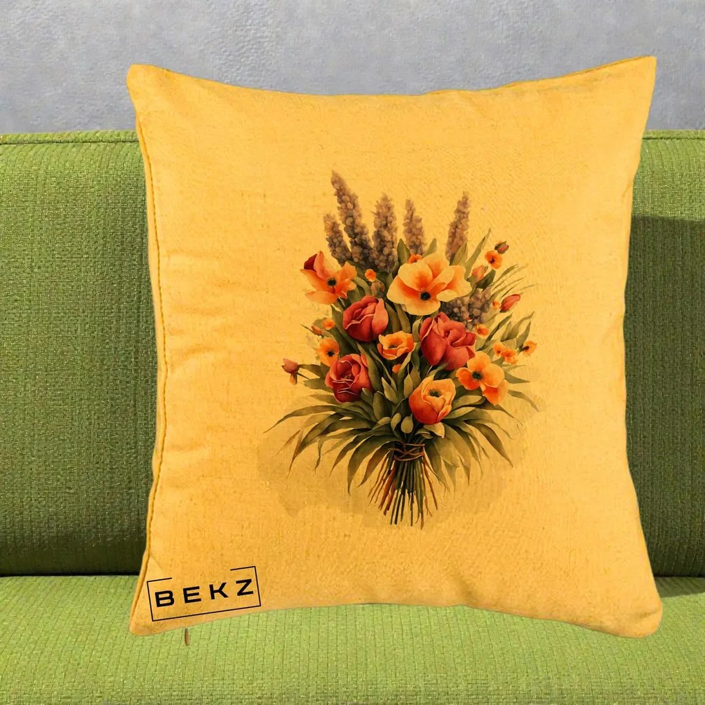 Perna Decorativa Buchet Mixt Acuarela Lavanda-Trandafiri, 40x40 cm, Galben, Husa Detasabila, Perna Inclusa, BEKZ®