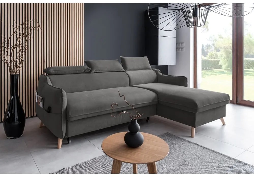 Colțar gri închis extensibil cu tapițerie din catifea (cu colț pe partea dreaptă) Sweet Harmony – Miuform