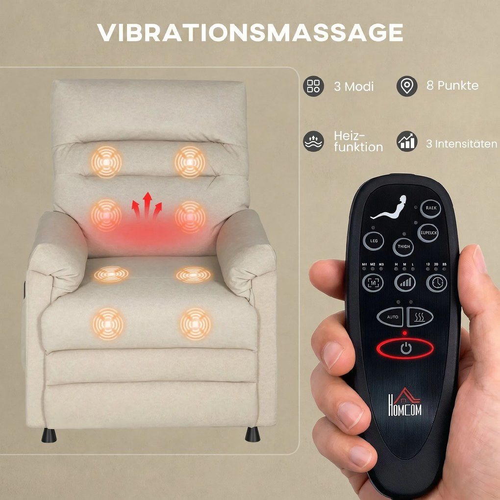 HOMCOM Fotoliu Relaxant Electric cu Masaj și Încălzire, cu Suport pentru Picioare, Silențios, Reclinabil 150° în Material Catifelat Prietenos cu Animalele, cu Funcție de Memorare, 2 Telecomenzi pentru Sufragerie, Bej | Aosom Romania