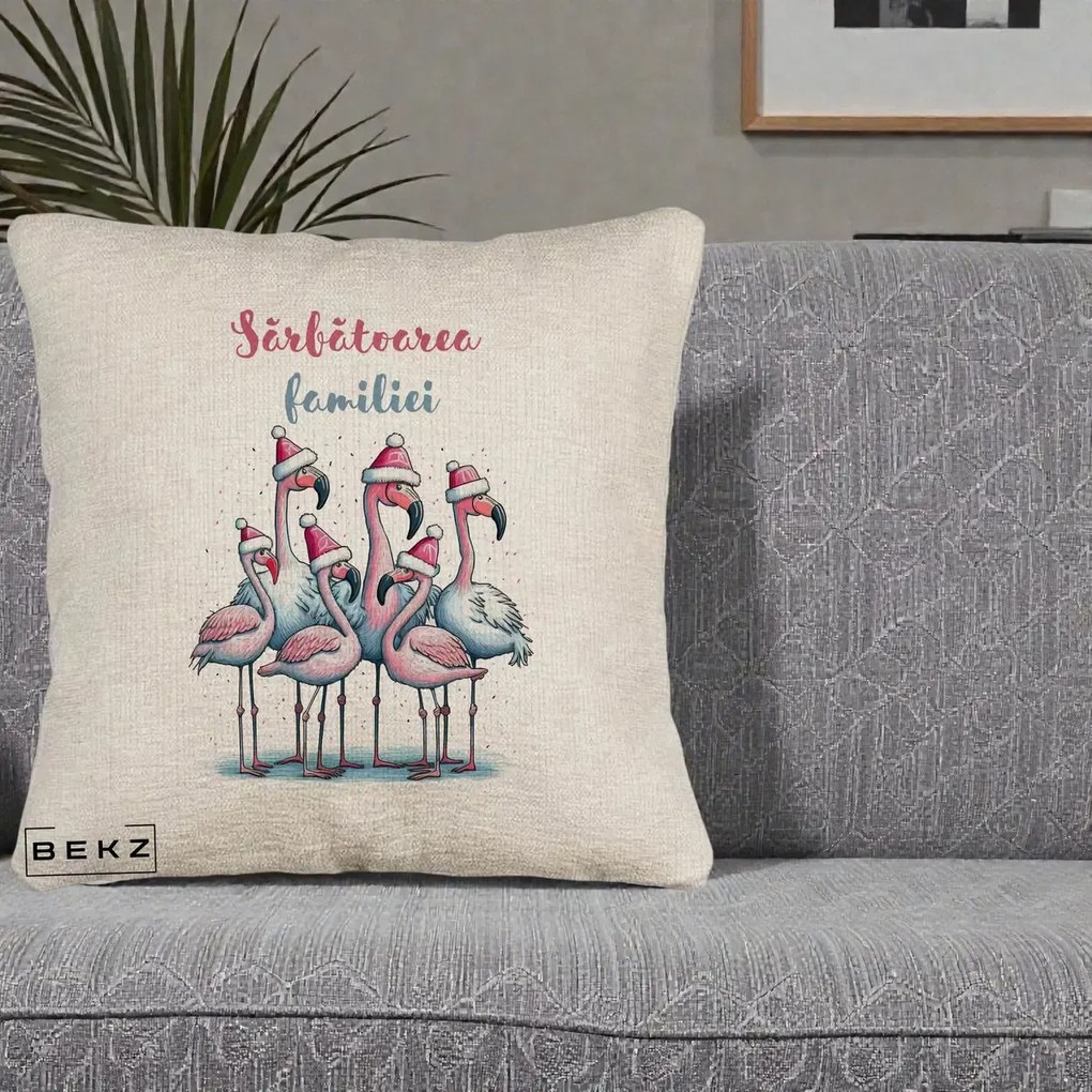Perna Decorativa Flamingo Craciun Sarbatoarea Familiei, 40x40 cm, Bej Canapea, Husa Detasabila, Perna Inclusa, BEKZ®