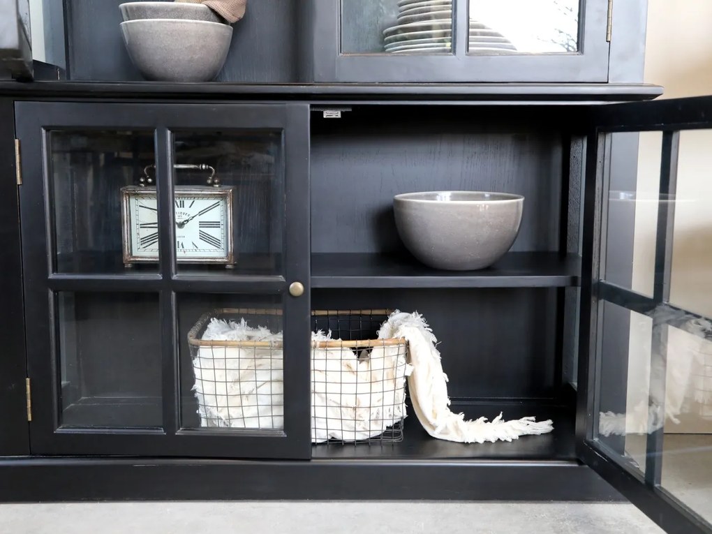 Vitrina din lemn masiv, negru, cu 4 usi, aspect rustic, Marseille