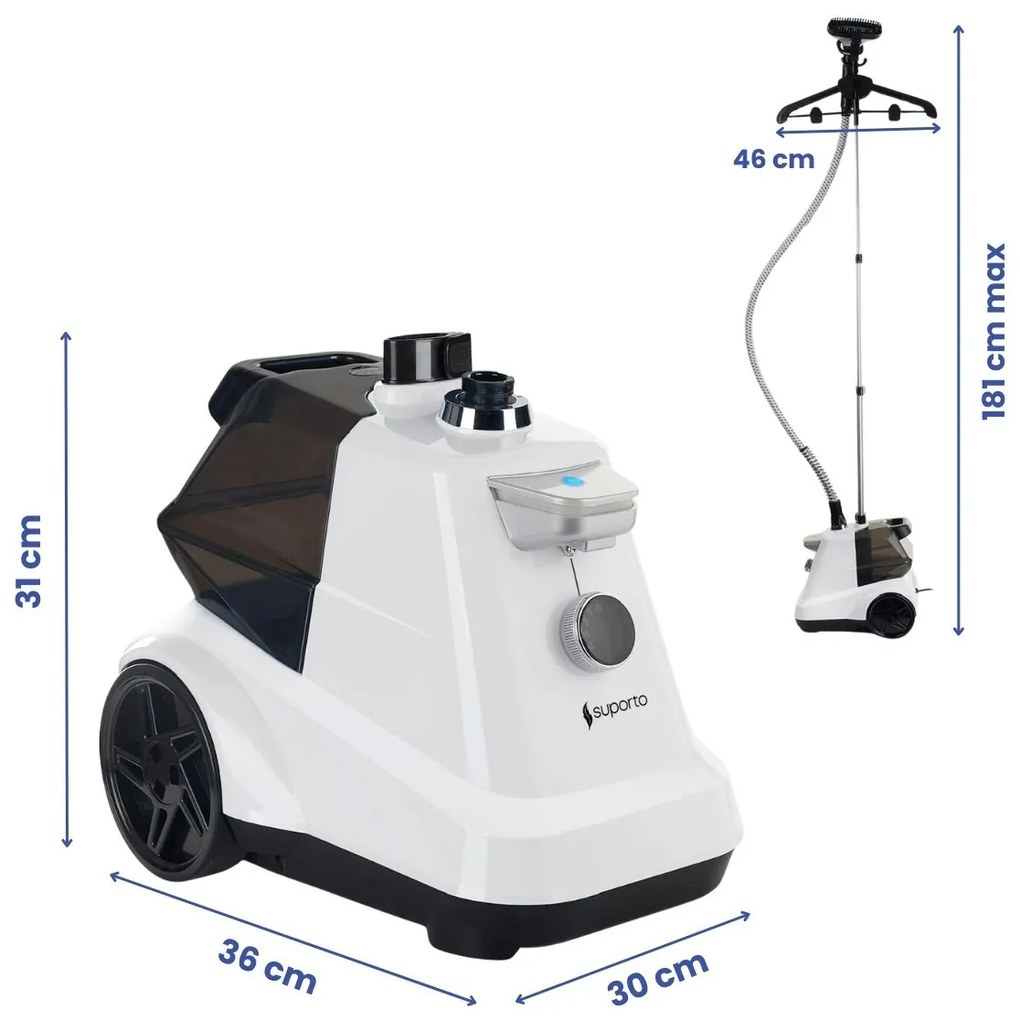 Fier de Calcat Vertical cu aburi Suporto, Steamer model R3 de 2200W cu 4 trepte de putere. Statie de calcat profesionala pentru haine netede, fara