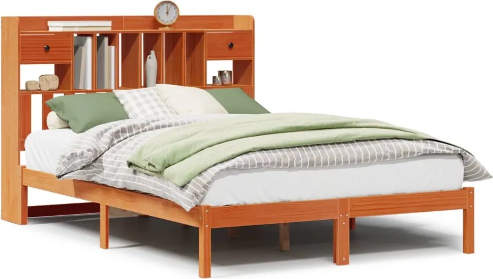 vidaXL Pat cu bibliotecă fără saltea maro 160x200 cm lemn masiv de pin