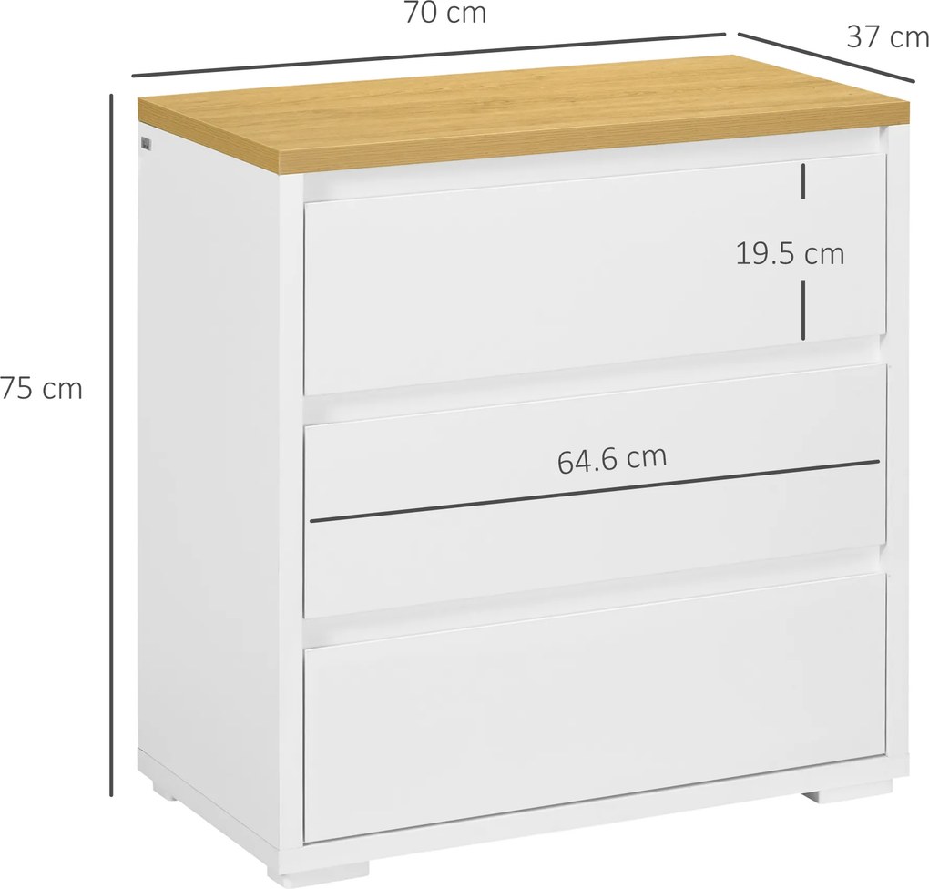 HOMCOM Comodă Depozitare, 3 Sertare, Mobilier Dormitor/Cameră de Zi, Alb/Lemn Natural | Aosom Romania