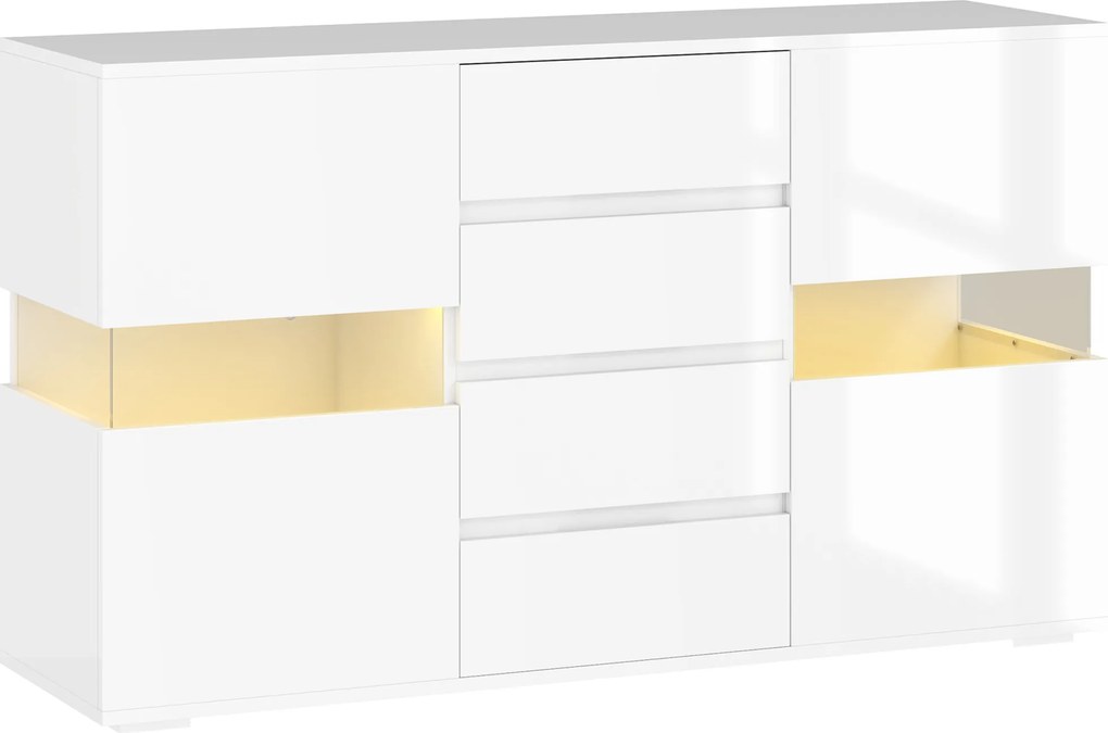 HOMCOM Bufet cu Lumini LED Reglabile prin Telecomandă, Mobilier de Sufragerie cu 4 Sertare și 2 Dulapuri, 120x34x70 cm, Alb | Aosom Romania