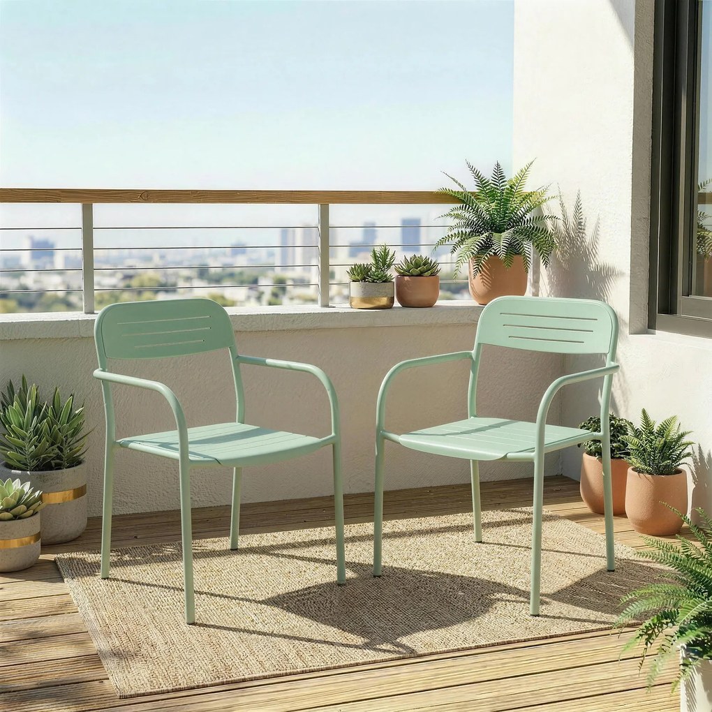 Outsunny Set 2 scaune de grădină stivuibile scaune de terasă cu design lamelă cotiere 56 x 58 x 78 cm Verde | Aosom Romania