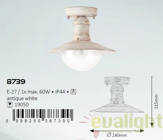 Plafoniera exterior cu protectie IP44, finisaj alb antic, diametru 24cm, Oslo 8739 RX