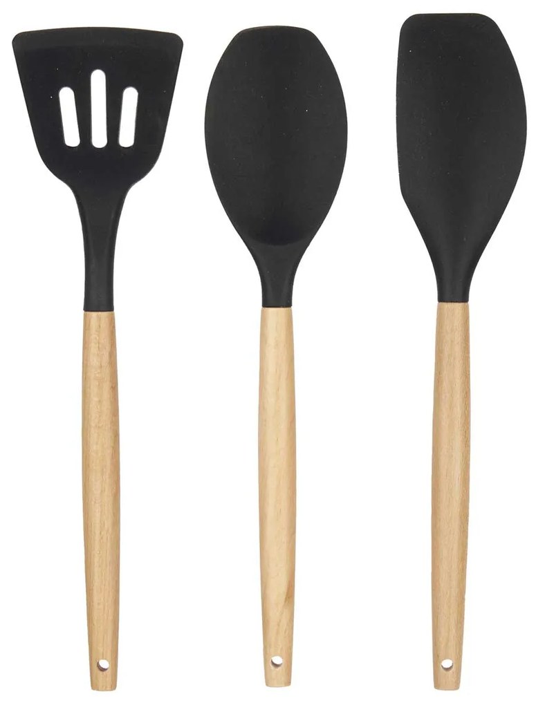 Set 3 spatule de bucătărie din silicon cu mânere din lemn.