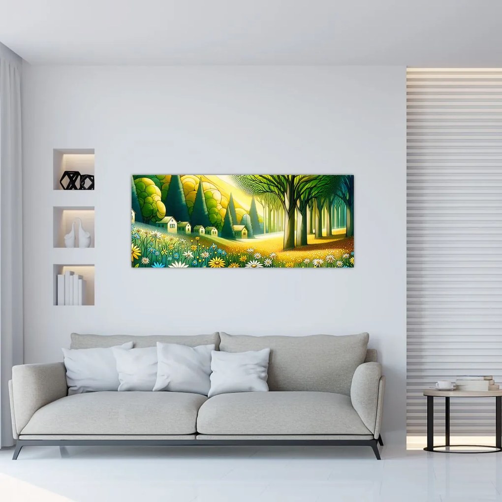 Tablou - Sat în galben-verde (120x50 cm)