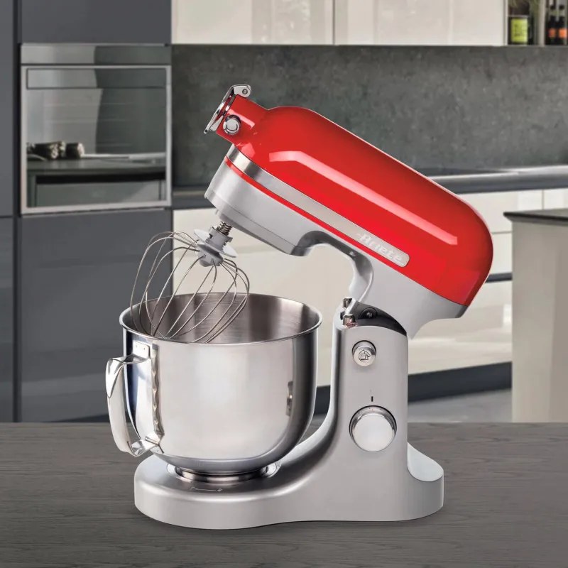 Mixer planetar Ariete MODERNA 1589/00, 3200W, 5.5 L, 11 viteze, Carcasa aluminiu, Accesorii, Roșu/Inox