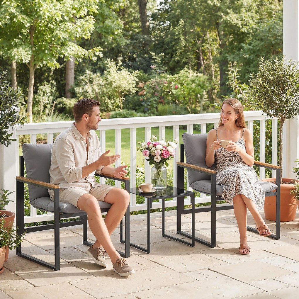 Outsunny Set de grădină 3 piese 2 locuri cu 2 fotolii 1 masă de cafea, blat din sticlă securizată și perne, gri | Aosom Romania