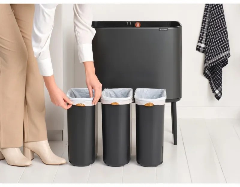 Coș Brabantia Bo Touch 1008857, 3x11 l, Deschidere lină și silențioasă, Deschidere mare, Gri închis