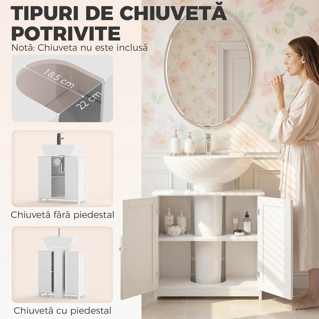 Kleankin Dulap Sub Chiuvetă cu 2 Uși și Raft Reglabil, Dulap de Baie Spațios cu Decupaj în Formă de U, 60x30x60 cm, Alb | Aosom Romania