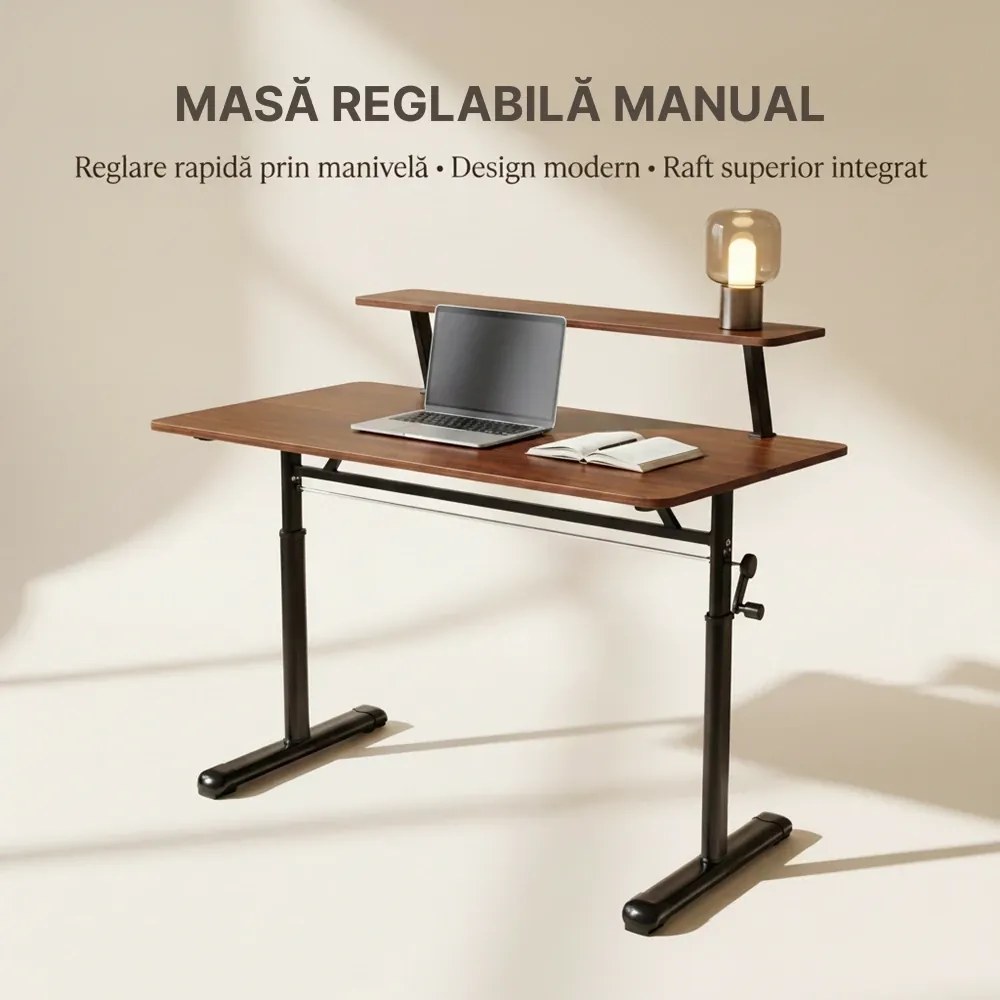 RESIGILAT- ERGOLEV WX-007 – Birou Reglabil Manual cu Înălțime Ajustabilă 65–90 cm, Blat Monobloc din PAL de Înaltă Densitate 15 mm, Cadru Metalic din Oțel, Raft Superior Integrat, 100x60 cm, Walnut