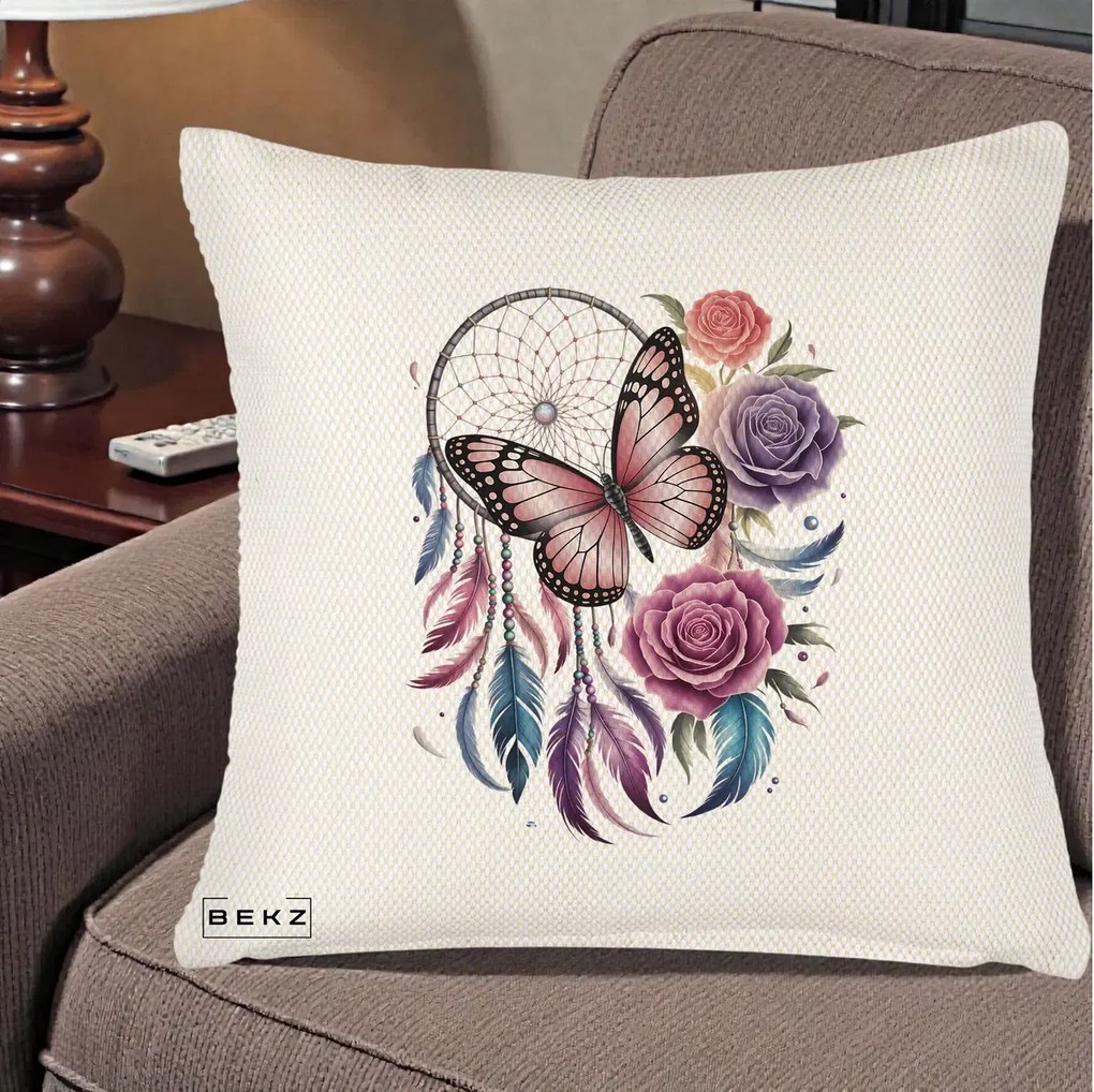 Perna Personalizata Prinzator de Vise cu Fluture si Trandafiri, 40x40 cm, Crem Reliefat, Husa Detasabila, Perna Inclusa, BEKZ®