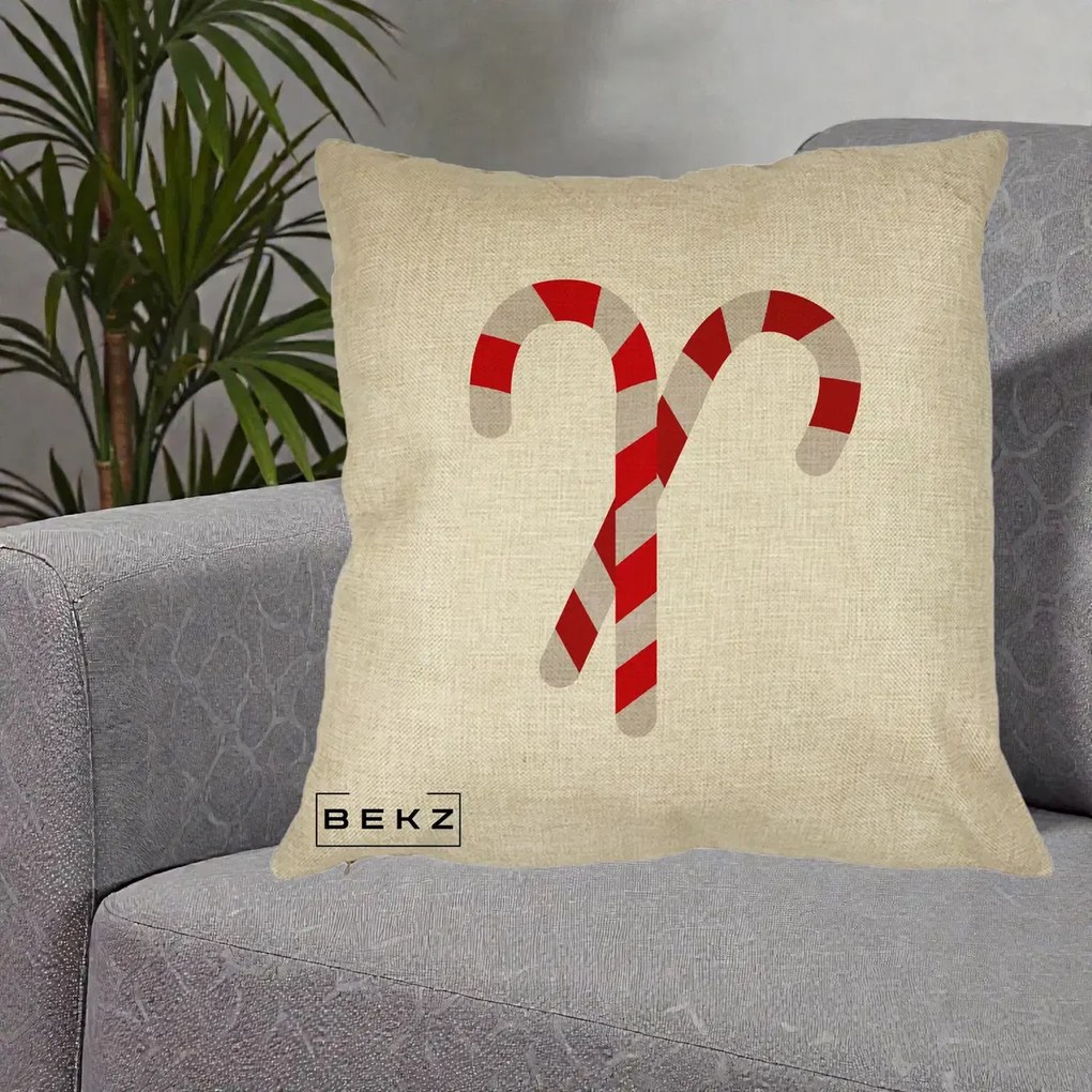 Perna Decorativa Candy Cane de Craciun, 40x40 cm, Crem, Husa Detasabila, Perna Inclusa, BEKZ®