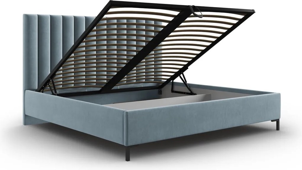 Pat tapitat cu somiera rabatabila si lada depozitare, 180x200 cm, Micadoni Home, Allison-51, catifea, albastru deschis