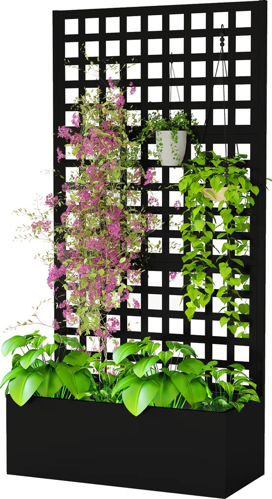 Outsunny Jardinieră cu spalier, paravan de intimitate, pat ridicat pentru grădină din oțel galvanizat, pentru plante cățărătoare, 89x40x178cm, negru | Aosom Romania