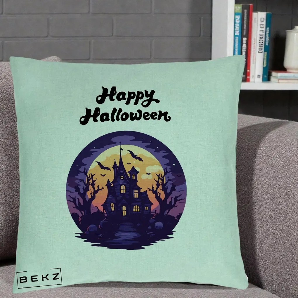 Perna Decorativa Happy Halloween Casa Bantuita Violet, 40x40 cm, Verde Menta, Husa Detasabila, Perna Inclusa, BEKZ®