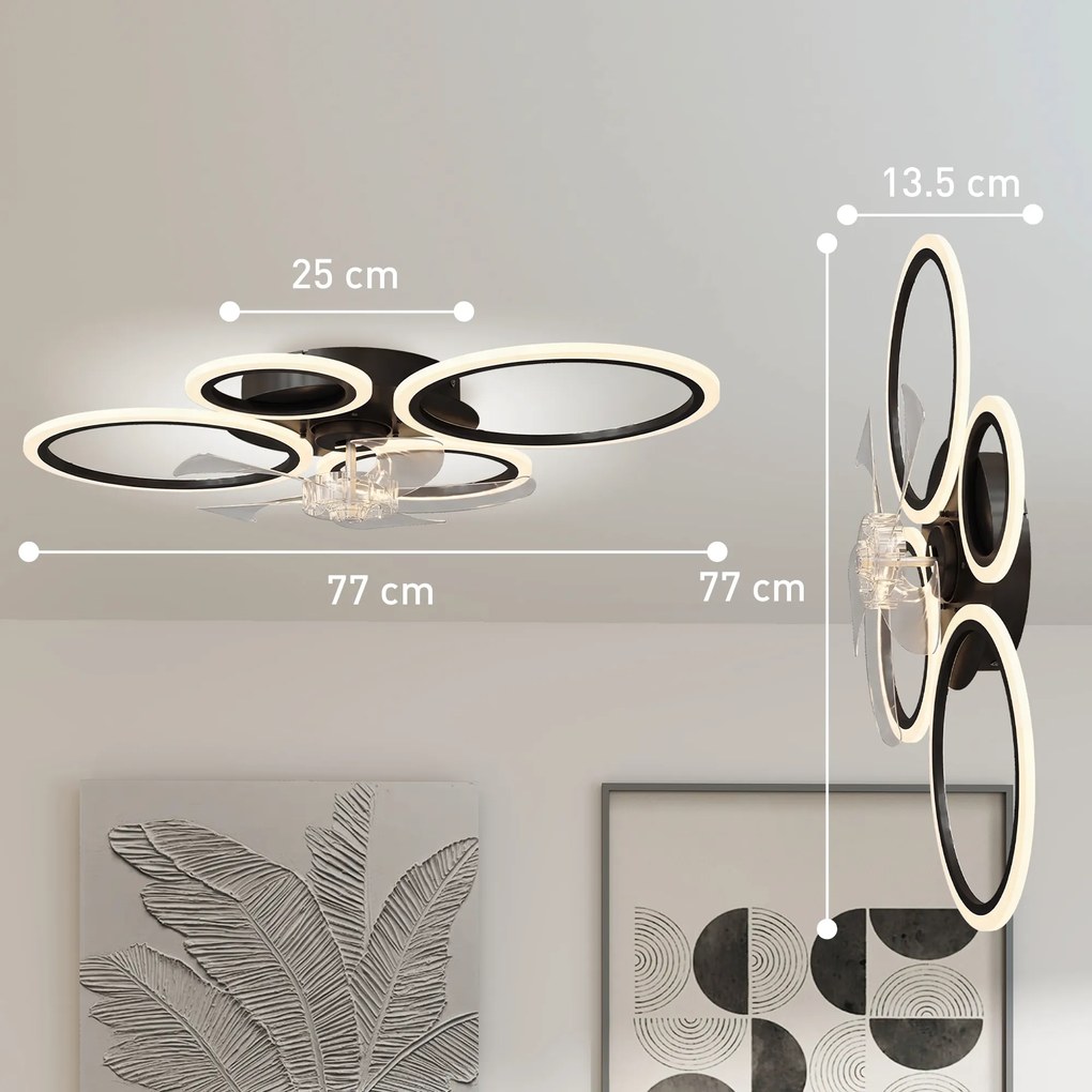 HOMCOM Ventilator de tavan cu lumină și telecomandă, Ventilator LED de tavan 77 cm cu 3 culori de lumină, 6 trepte, temporizator | Aosom Romania