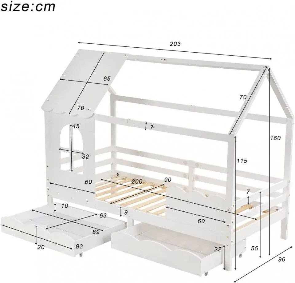 PAAC210 - Pat casuta 90x200 cm pentru copii, cu somiera si 2 sertare - Alb