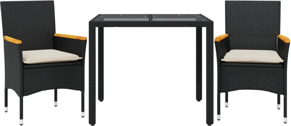 vidaXL Set mobilier de grădină cu perne 3 piese negru poliratan&sticlă
