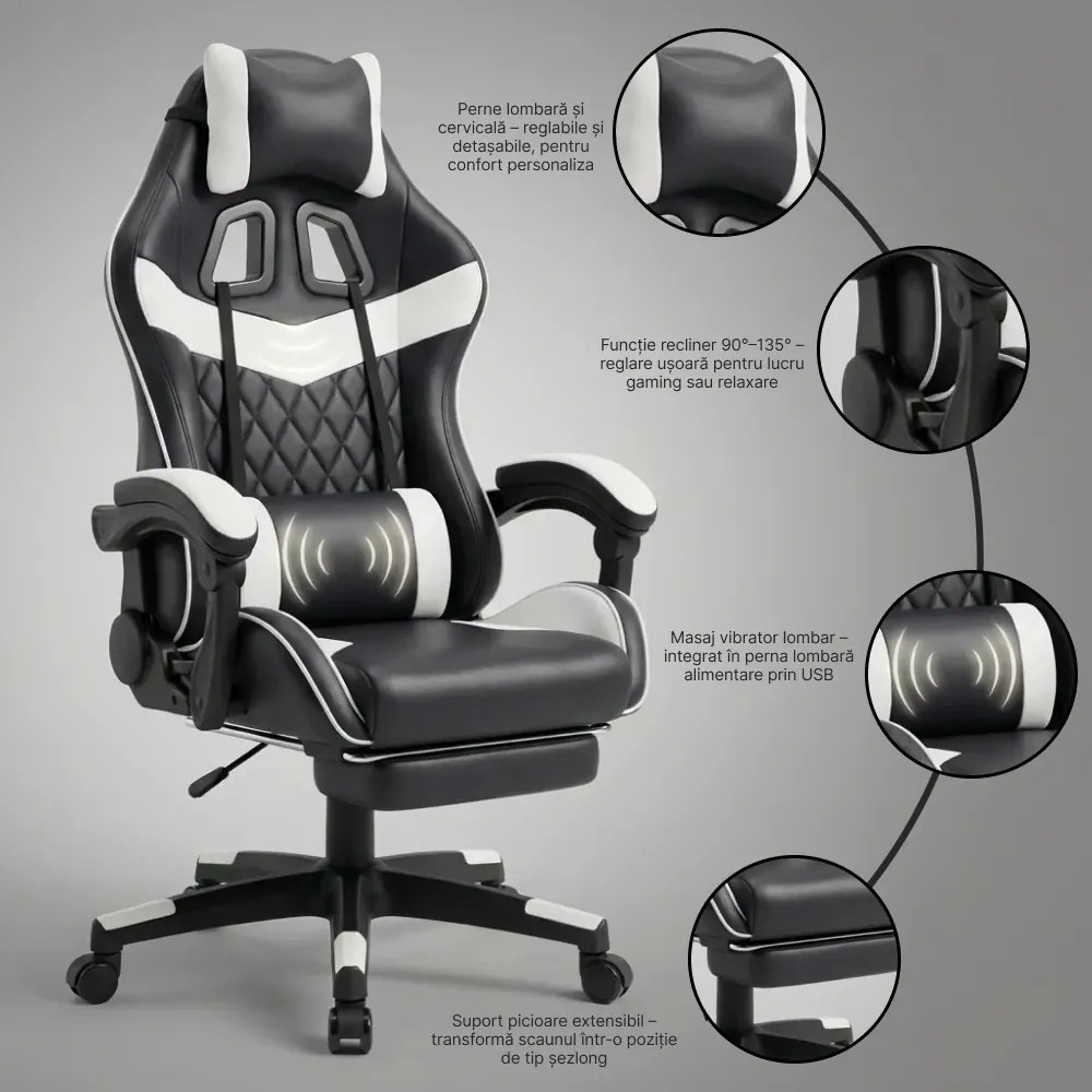 Scaun gaming, sistem iluminare bandă LED RGB, masaj în perna lombară, suport picioare, Negru/Alb
