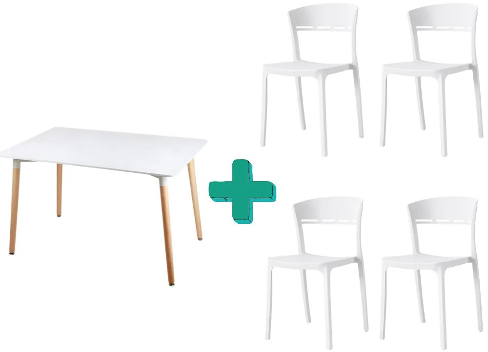 Set de sufragerie 1+4, masa alba BERGEN 120x80cm si scaun alb din plastic COCO