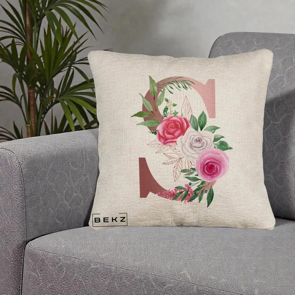 Cadou Personalizat - Perna Personalizata Monograma Rose Gold Litera S, 40x40 cm, Bej Canapea, Husa Detasabila, Perna Inclusa, BEKZ®