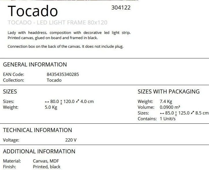 Tablou cu iluminat LED imprimat pe panza Tocado 80x120cm