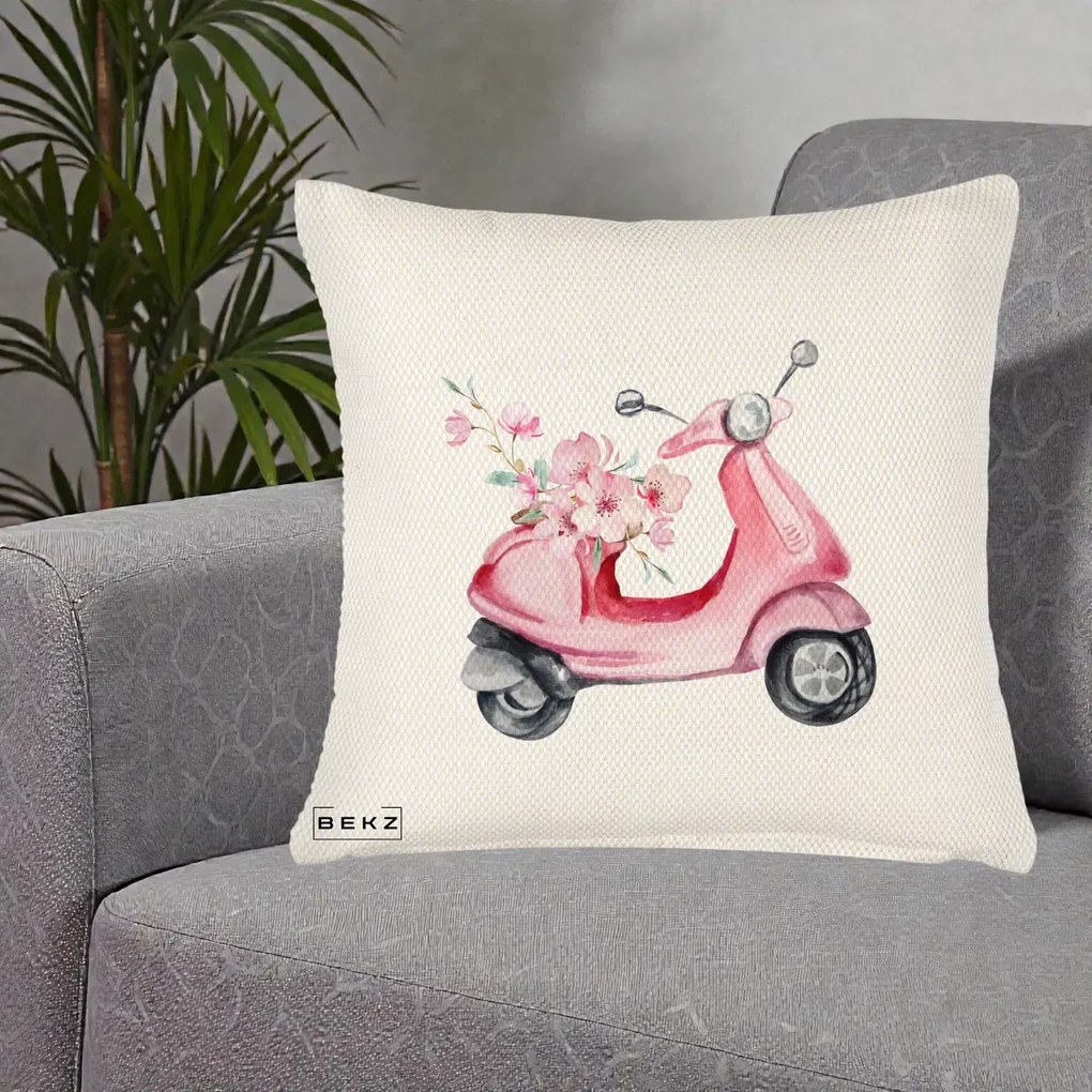 Perna Decorativa Scuter Roz cu Flori Acuarela, 40x40 cm, Crem Reliefat, Husa Detasabila, Perna Inclusa, BEKZ®