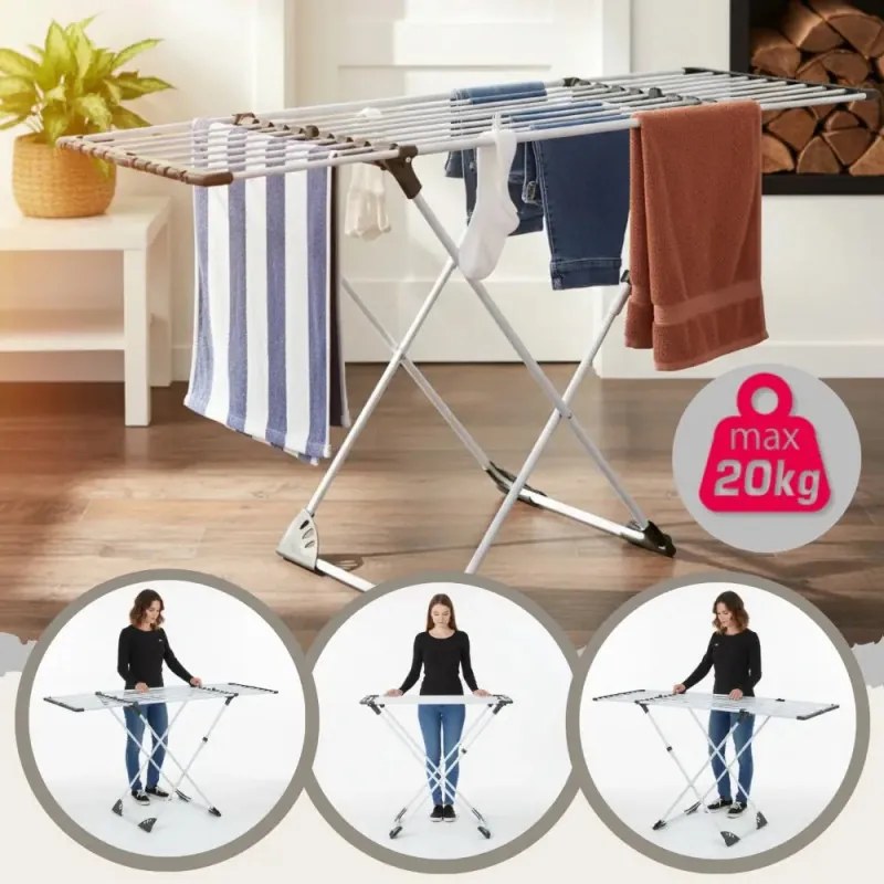 Uscător de rufe pliabil Kinghoff KH 2042, 20 m, până la 20 kg, lungime reglabilă, capete antiderapante, alb/negru