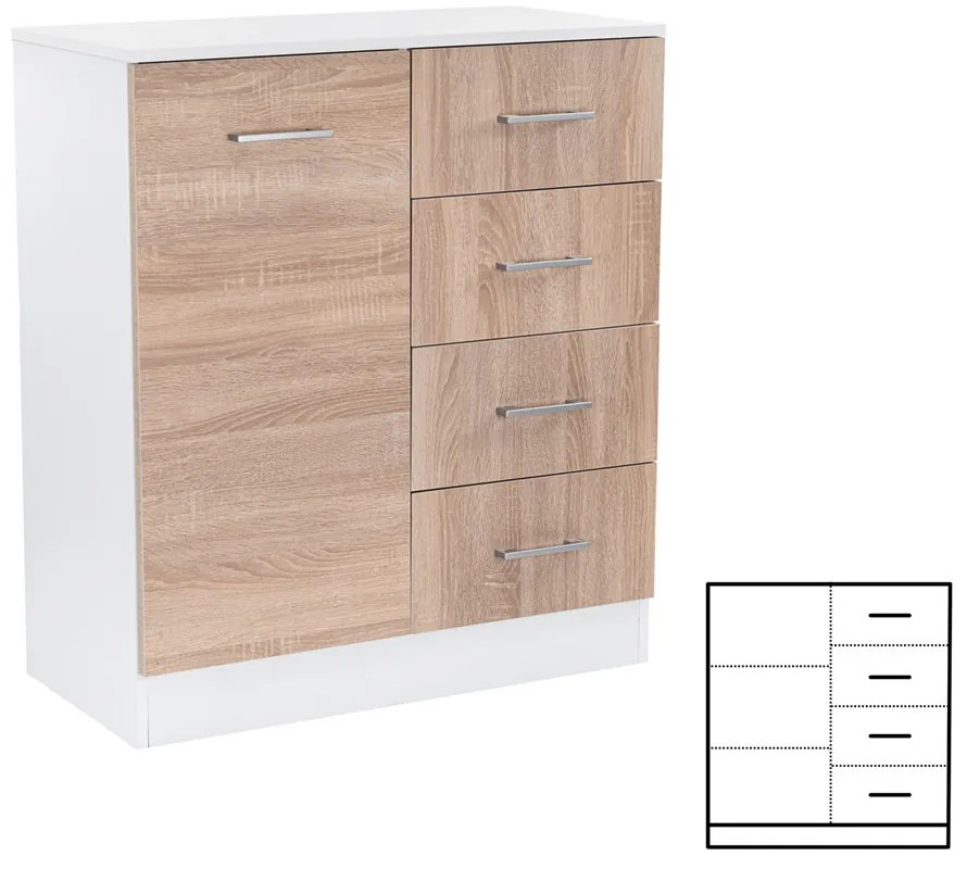 Comodă Miami cu 1 ușă și 4 sertare 80x92 cm stejar sonoma-alb