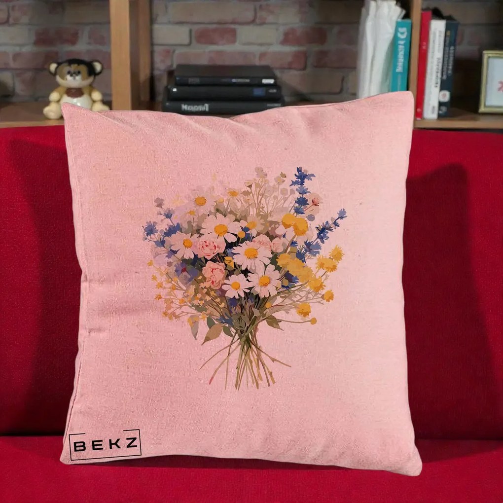 Perna Decorativa Buchet Camp Acuarela Margarete-Lavanda, 40x40 cm, Roz, Husa Detasabila, Perna Inclusa, BEKZ®
