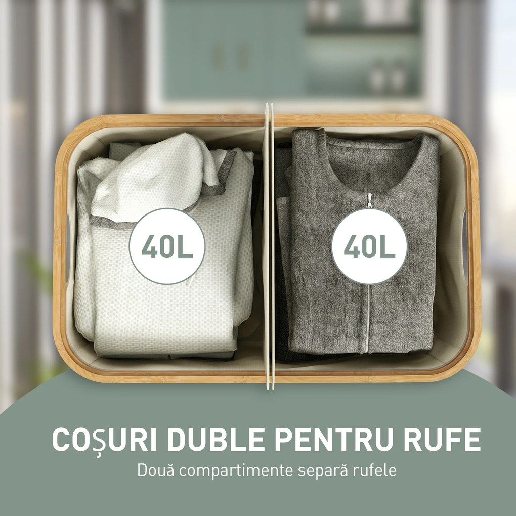 HOMCOM Coș Pentru Rufe 80L cu Capac Din Bambus, Bej | Aosom Romania