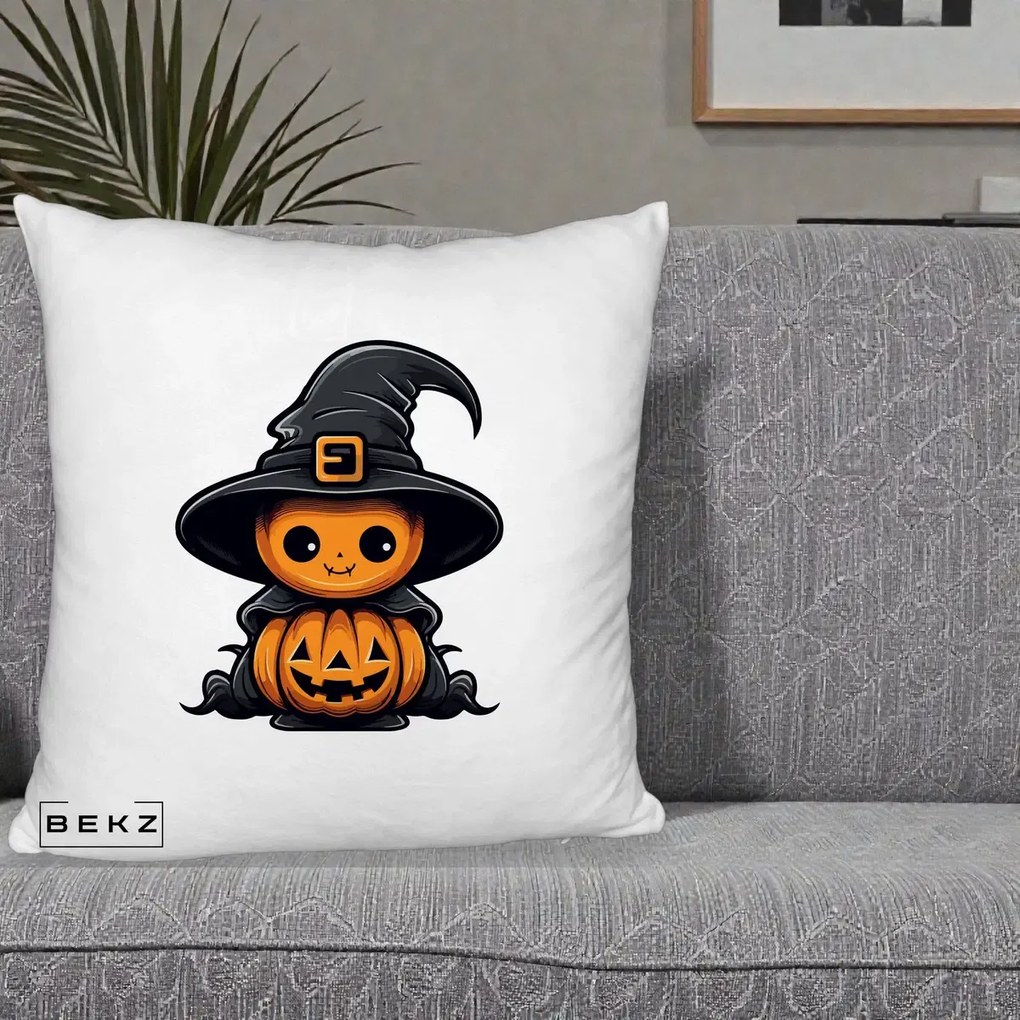 Perna Decorativa Halloween Dovleac Vrajitor Kawaii, 40x40 cm, Alb Pufos, Husa Detasabila, Perna Inclusa, BEKZ®