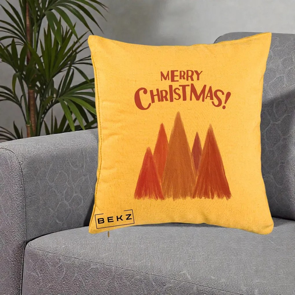 Perna Decorativa Merry Christmas Brazi Roz, 40x40 cm, Galben, Husa Detasabila, Perna Inclusa, BEKZ®