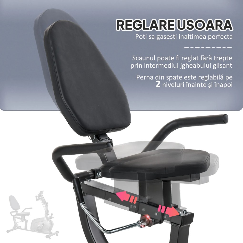 HOMCOM Bicicletă Magnetică Orizontală Scaun Reglabil și Elastice pentru Brațe | Aosom Romania
