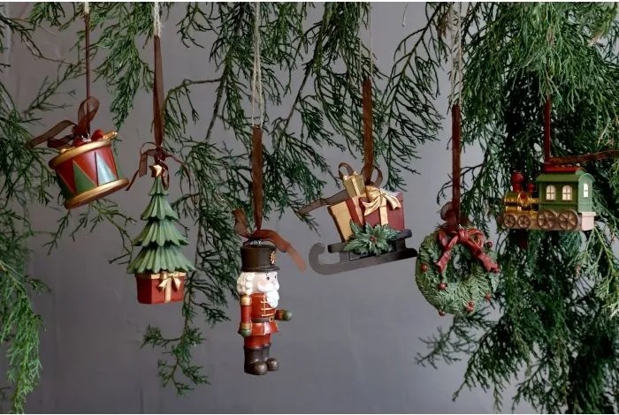 Set 2 ornamente decorative din rășină pictată manual, spărgător de nuci și locomotivă, 10x3 cm, „Noël"