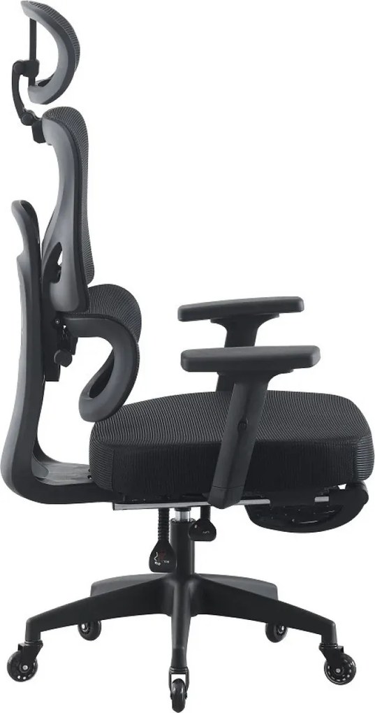 Scaun ergonomic, cotiere 3D, suport lombar adaptiv, spătar reglabil pe inaltime, tetiera 3D, suport pentru picioare, pivotant, Mesh, Negru