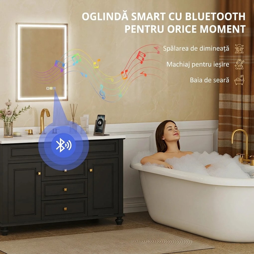 HOMCOM Oglindă Baie Antiaburire cu Lumină LED și Difuzor Bluetooth 50x70 cm | Aosom Romania