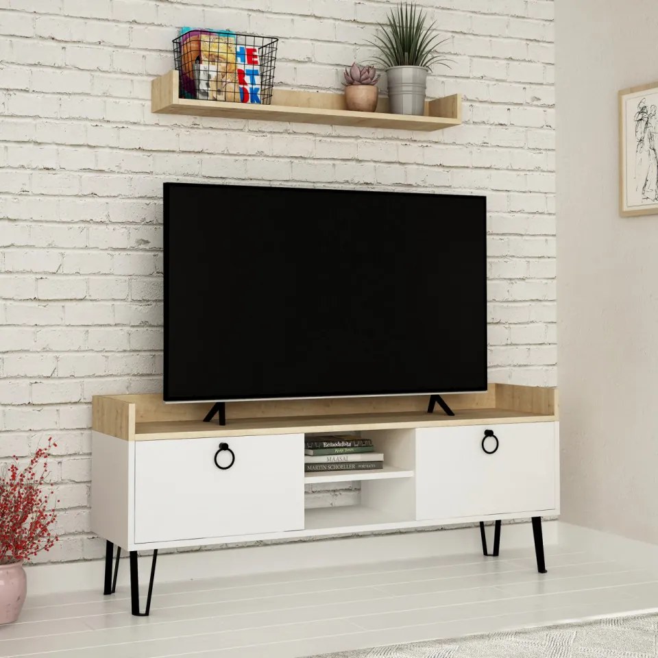 Set Comoda TV si Raft de Perete Keday, Alb / Stejar