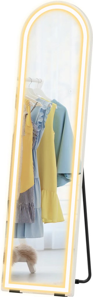 HOMCOM Oglindă de corp întreg cu lumini LED, 150 x 40 cm, arcuită, dimabilă, 3 culori de lumină, freestanding sau montare pe perete, Alb | Aosom Romania