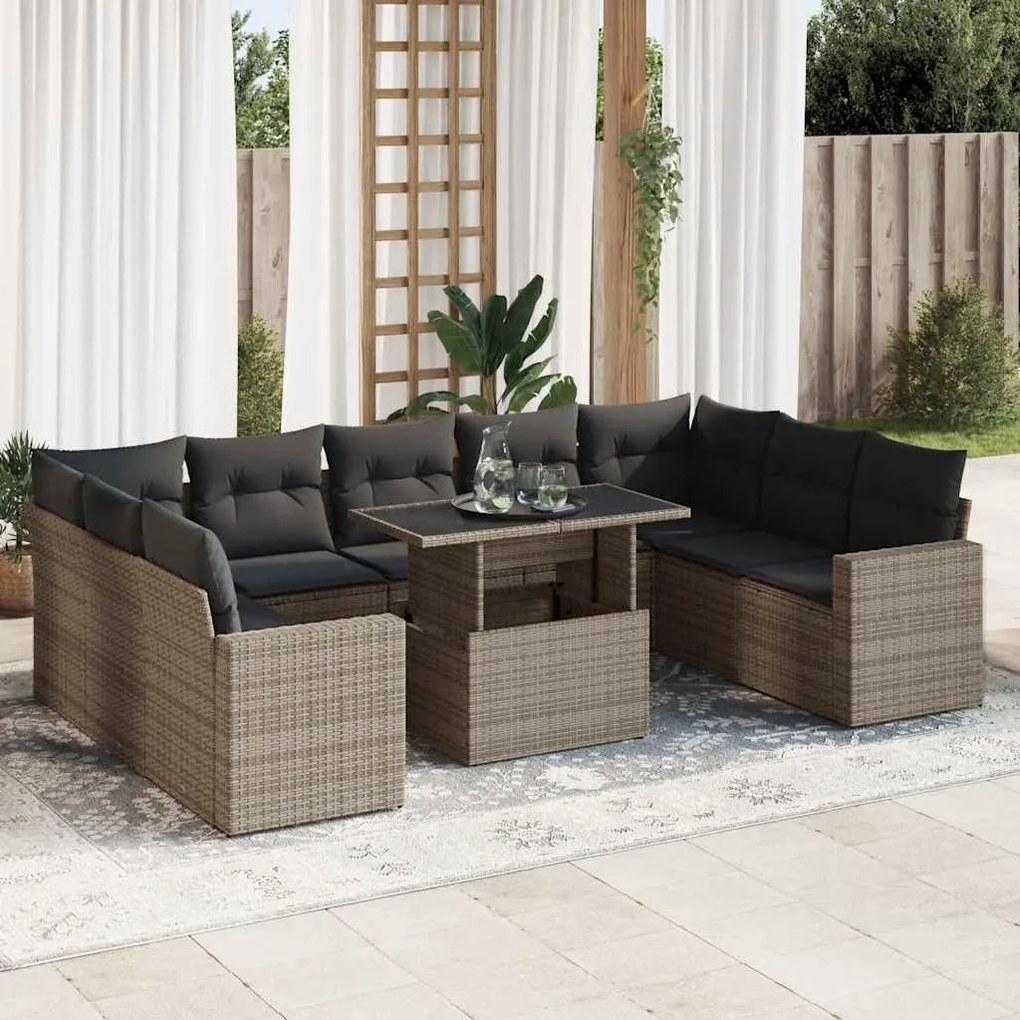 3326381 vidaXL Set mobilier de grădină cu perne, 10 piese, gri, poliratan